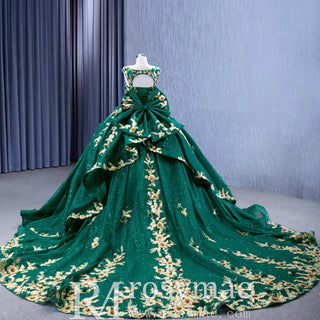 Gold Floral Lace Spring Green Wedding Dress Sparkly Tulle Ball Gown