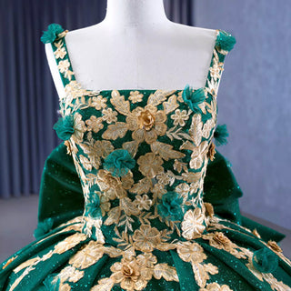 Gold Floral Lace Spring Green Wedding Dress Sparkly Tulle Ball Gown