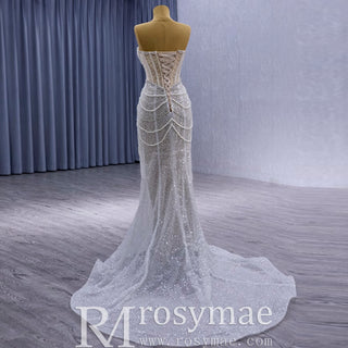 High-end Pearls Mermaid Wedding Dress with Detachable Sleeve