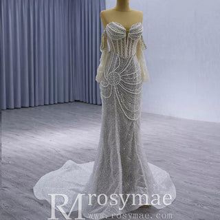 High-end Pearls Mermaid Wedding Dress with Detachable Sleeve