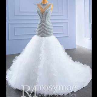 Beaded Mermaid Ruffle Wedding Dress High Neck Trumpet Bridal Gown