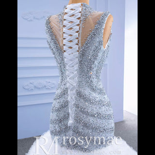 Vestido de novia de sirena con volantes y cuentas, cuello alto, corte trompeta