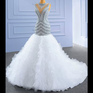 Beaded Mermaid Ruffle Wedding Dress High Neck Trumpet Bridal Gown