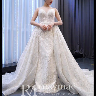 Luxury Beaded Pearl Sheer High Neck Wedding Dress with Removable Sleeves