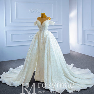 Luxury Beaded Pearl Sheer High Neck Wedding Dress with Removable Sleeves