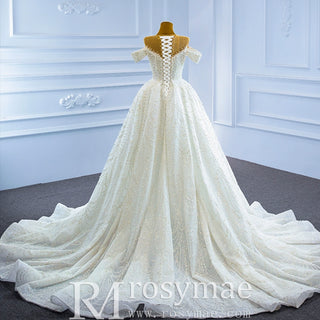 Luxury Beaded Pearl Sheer High Neck Wedding Dress with Removable Sleeves