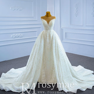 Luxury Beaded Pearl Sheer High Neck Wedding Dress with Removable Sleeves