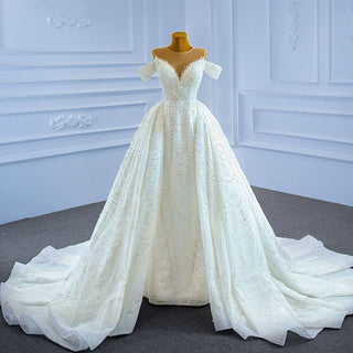 Luxury Beaded Pearl Sheer High Neck Wedding Dress with Removable Sleeves