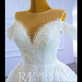 Luxury Beaded Pearl Sheer High Neck Wedding Dress with Removable Sleeves