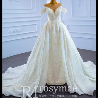 Luxury Beaded Pearl Sheer High Neck Wedding Dress with Removable Sleeves