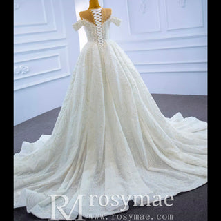 Luxury Beaded Pearl Sheer High Neck Wedding Dress with Removable Sleeves