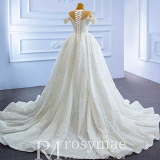 Luxury Beaded Pearl Sheer High Neck Wedding Dress with Removable Sleeves