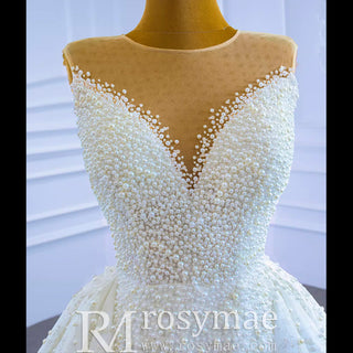 Luxury Beaded Pearl Sheer High Neck Wedding Dress with Removable Sleeves