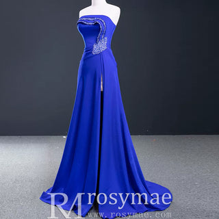 A-line Luxury Prom Dress Beaded Evening Gown with Leg Slit