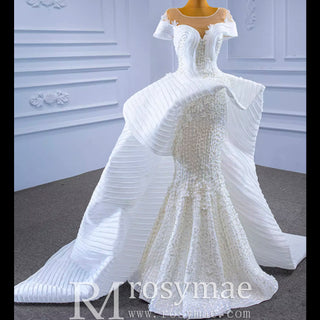 Mermaid Appliques Pearls Cap Sleeve Unique Wedding Dress