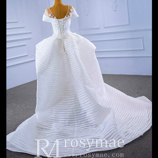 Mermaid Appliques Pearls Cap Sleeve Unique Wedding Dress