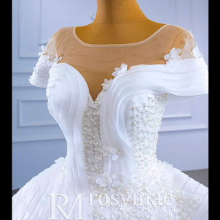 Mermaid Appliques Pearls Cap Sleeve Unique Wedding Dress