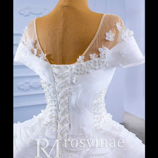 Mermaid Appliques Pearls Cap Sleeve Unique Wedding Dress