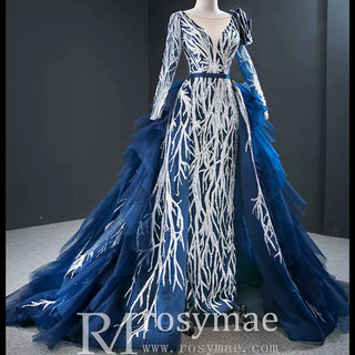 Gorgeous Long Sleeve Evening Dress Prom Gown with Detachable Train