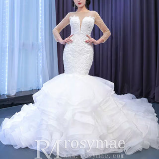 Luxury Mermaid Ruffle Wedding Dress with Long Sleeves