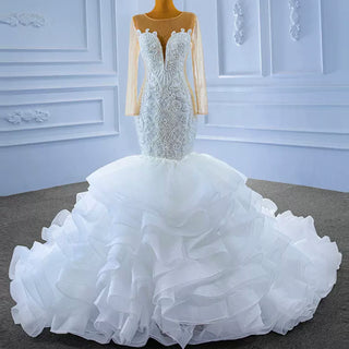 Luxury Mermaid Ruffle Wedding Dress with Long Sleeves