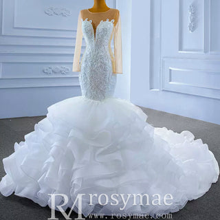 Luxury Mermaid Ruffle Wedding Dress with Long Sleeves