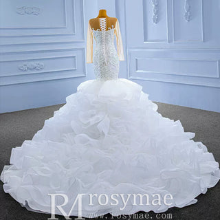 Luxury Mermaid Ruffle Wedding Dress with Long Sleeves