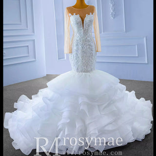 Luxury Mermaid Ruffle Wedding Dress with Long Sleeves