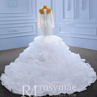 Luxury Mermaid Ruffle Wedding Dress with Long Sleeves