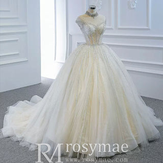 High O-neck Sparkly Ball Gown Wedding Dress with Keyhole Back