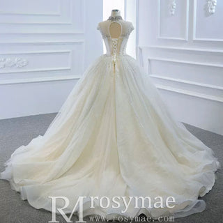 High O-neck Sparkly Ball Gown Wedding Dress with Keyhole Back