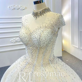 High O-neck Sparkly Ball Gown Wedding Dress with Keyhole Back