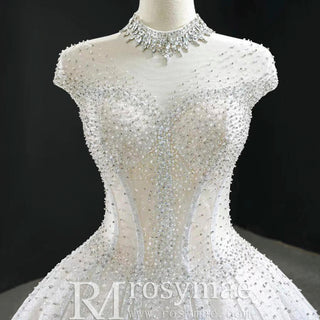 High O-neck Sparkly Ball Gown Wedding Dress with Keyhole Back