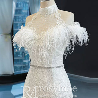 High Neck Elegant Luxury Trumpet Wedding Dress with Feather