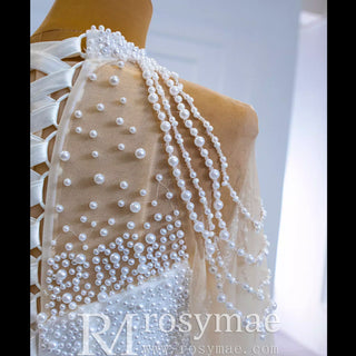 Beaded Pearls Long Sleeve Wedding Dress Luxury O-neck Bridal Gown