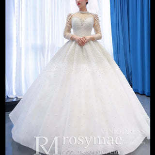 Beaded Pearls Long Sleeve Wedding Dress Luxury O-neck Bridal Gown