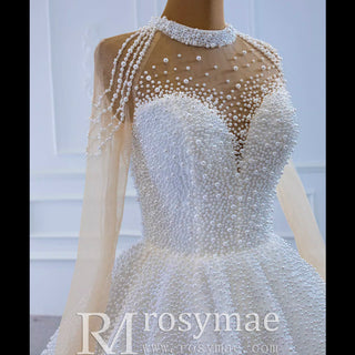 Beaded Pearls Long Sleeve Wedding Dress Luxury O-neck Bridal Gown