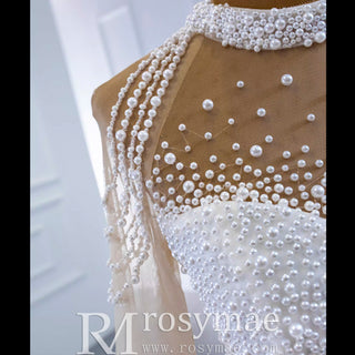 Beaded Pearls Long Sleeve Wedding Dress Luxury O-neck Bridal Gown