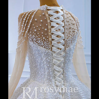 Beaded Pearls Long Sleeve Wedding Dress Luxury O-neck Bridal Gown