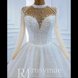 Beaded Pearls Long Sleeve Wedding Dress Luxury O-neck Bridal Gown