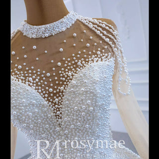 Beaded Pearls Long Sleeve Wedding Dress Luxury O-neck Bridal Gown