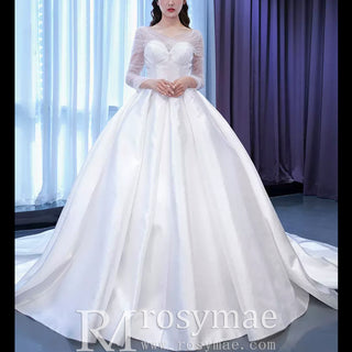 Simple Modest Satin Puffy Wedding Dress with Long Sleeves