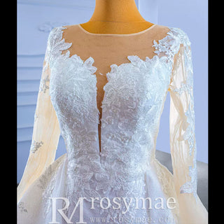 Shiny Vintage Lace Long Sleeve Wedding Dress with Overskirt