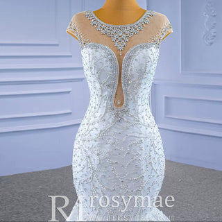 Luxury Cap Sleeve Beaded Trumpet Sparkly Wedding Dress