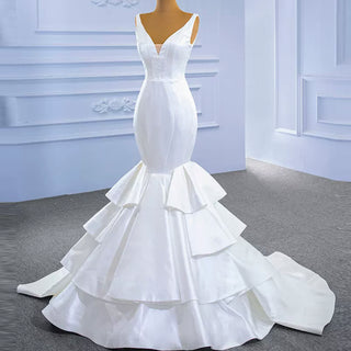 Modest V-neck Mermaid Country Satin Wedding Dress with Ruffle