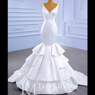 Modest V-neck Mermaid Country Satin Wedding Dress with Ruffle