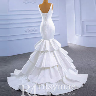 Modest V-neck Mermaid Country Satin Wedding Dress with Ruffle