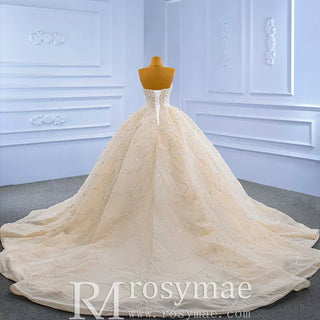 Strapless Beaded Champagne Ball Gown Wedding Dress