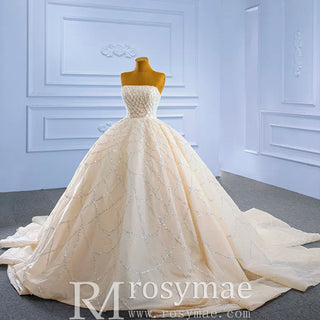 Strapless Beaded Champagne Ball Gown Wedding Dress