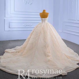 Strapless Beaded Champagne Ball Gown Wedding Dress